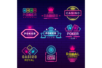 Poker club neon badges. Casino game stamps light logos nightclub vecto