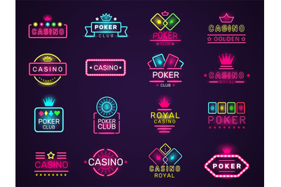Casino neon badges. Poker club game logo colored lighting vegas style