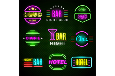 Hotel neon. Advertising american retro night club emblem signage glow