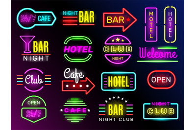 Neon glow hotel. Night advertising retro signboards new york or vegas
