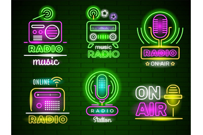 Radio glowing logo. Neon style colored business music broadcast emblem