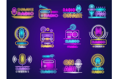 Radio neon. Broadcasting glow effect colored logo music show studio em