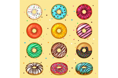 Donuts. Glazed fast food desserts for breakfast colored round tasty pr