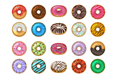 Donuts desserts. Round fast food products tasty chocolate rings cakes