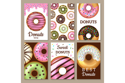 Donuts cards design. Sweets colored backgrounds with glazed round cake
