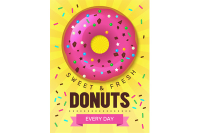 Tasty food poster. Donuts placard design with breakfast colored food b
