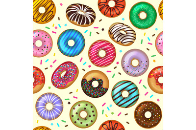 Donuts pattern. Tasty bakery dessert vector colored seamless backgroun