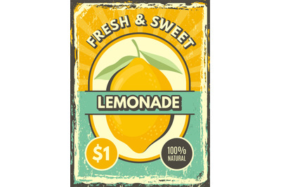 Lemonade poster. Vintage grunge label fresh lemon illustrations restau