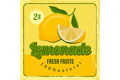 Lemonade retro poster. Brochure marketing placard with fresh lemon jui