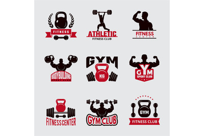 Gym fit badges. Sport fitness healthcare logo athletic club emblems ve