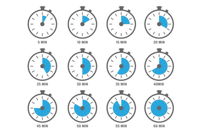 Clock symbols. Timers minutes and hours circle graph objects 5, 10 and
