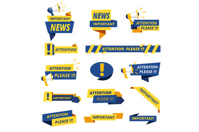 Important badges. Attention notice announcement stickers vector collec