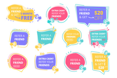 Refer a friend. Referral program promotional stickers vector colored b