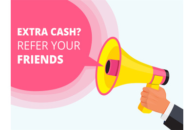 Refer friend poster. Referral program concept loudspeaker in hand frie