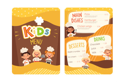 Kids menu. Childrens cooking food little chef restaurant eating menu f