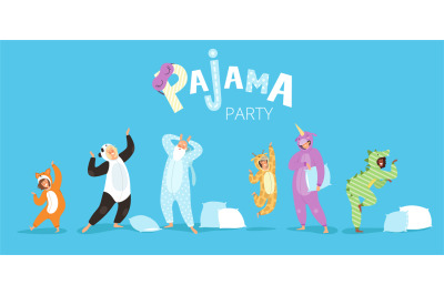 Pyjamas people. Funny characters kids female and male in cute night cl