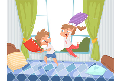 Pillow game. Kids in children room jumping on bed pyjama party funny p