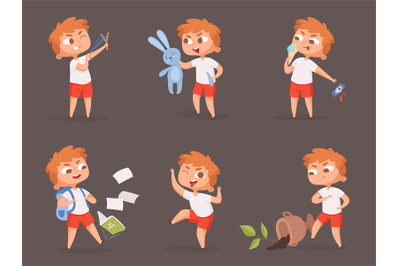 Behavior kids. Bad angry boys teasing children vector cartoon set