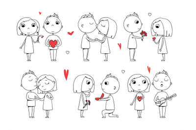 Love couple. Male and female doodle stylized characters romantic walk