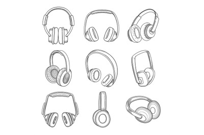 Music headphones. Electronic technology different gadgets vector sketc