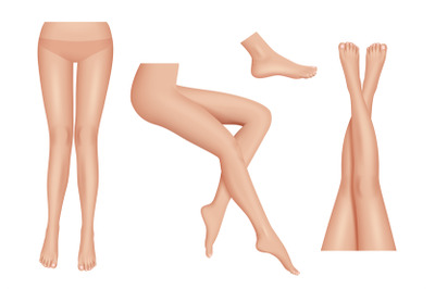 Legs realistic. Beauty woman legs body parts clean healthy vector set