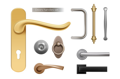 Modern door handles. Silver and golden metal furniture handles for ope