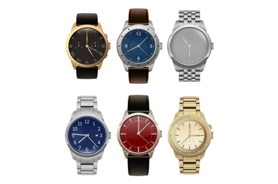 Wristwatches. Realistic luxury silver and golden men watches with mode