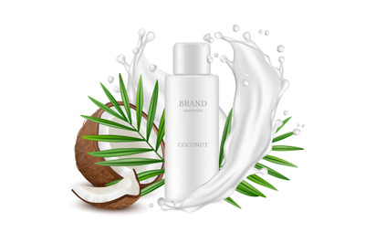 Realistic coconut. Cosmetics bottle&2C; palm leaves and milk splashes. Re