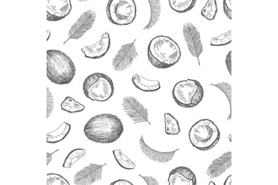 Sketch coconut pattern. Exotic food seamless texture. Palm leaves vect