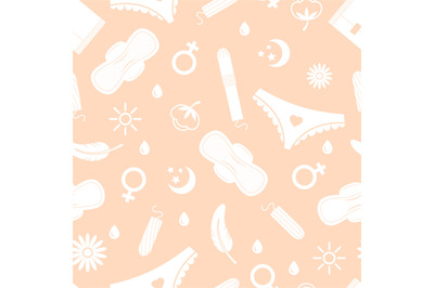 Woman hygiene seamless pattern. Menstruation elements. Pads, pants and