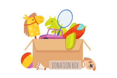 Donation box. Voluntary help children, isolated box with toys. Charity