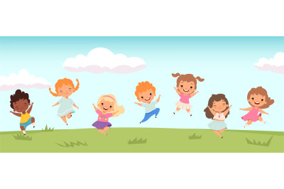 Happy jumping kids. Funny children playing and jumping on meadow. Litt