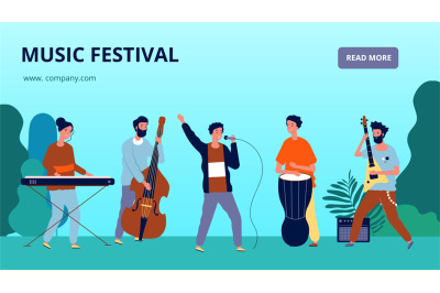 Music festival banner. Musicians and instruments&2C; orchestra. Sound fes