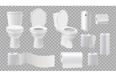 Realistic toilet bowl. Restroom accessories isolated on transparent ba