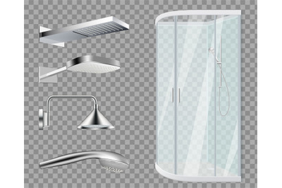 Shower stall. Shower Heads, realistic bathroom elements isolated on tr