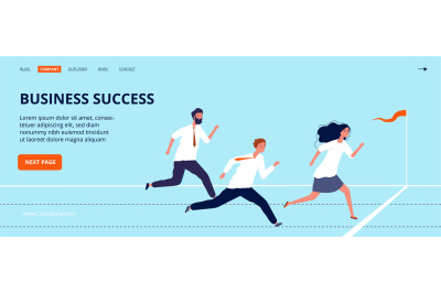 Business success landing page. Office workers run to finish line. Grou