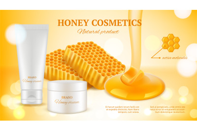 Honey cosmetics banner. Realistic cream tube and honeycombs. Natural s