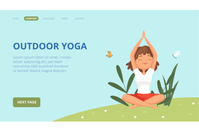 Outdoor yoga landing page. Woman doing exercises in park. Relaxation a