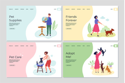 Pets landing pages. People caring about animals. Cute flat characters