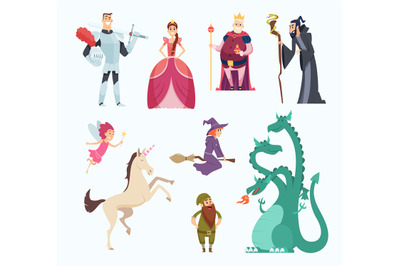 Fairy tales heroes. Witch wizard princess dragon funny characters in c