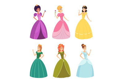 Fairytale princess. Fashioned fantasy girls in beautiful dresses carto