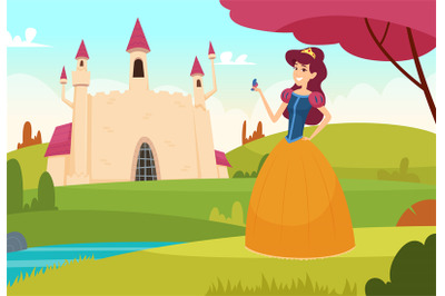 Fairytale background. Pretty young princess outdoor magic castle vecto