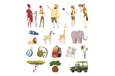 Travel safari. African wildlife adventure elements jungle animals cars