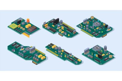 Motherboard isometric. Computer manufacturing small chip microscheme p