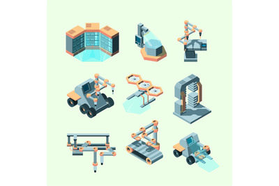 Industry isometric. Smart machinery robotic remote control production