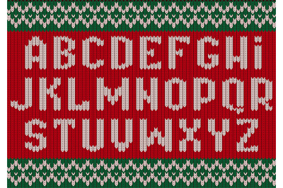 Knitted font. Christmas alphabet for party sweater letters of fabric c