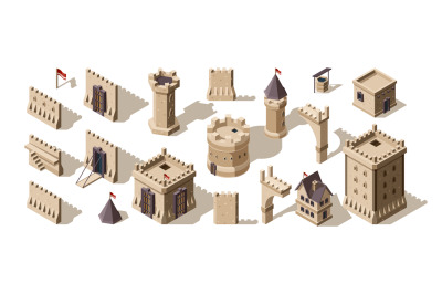 Castles isometric. Medieval buildings brick wall for low poly game ass