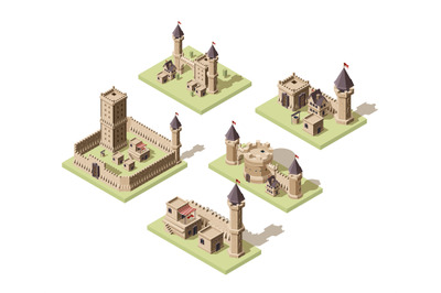 Castles low poly. Video game isometric assets medieval buildings from