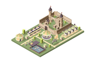 Amusment park. Isometric attractions with medieval castle circus ferri