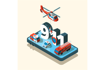 Emergency vehicles isometric. Safety urban transport 911 care call amb